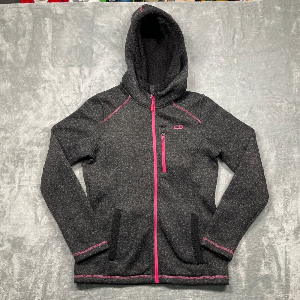CB Sports Full Zip Hoodie Women Medium Gray Pink Sherpa Lined‎ Hooded Jacket